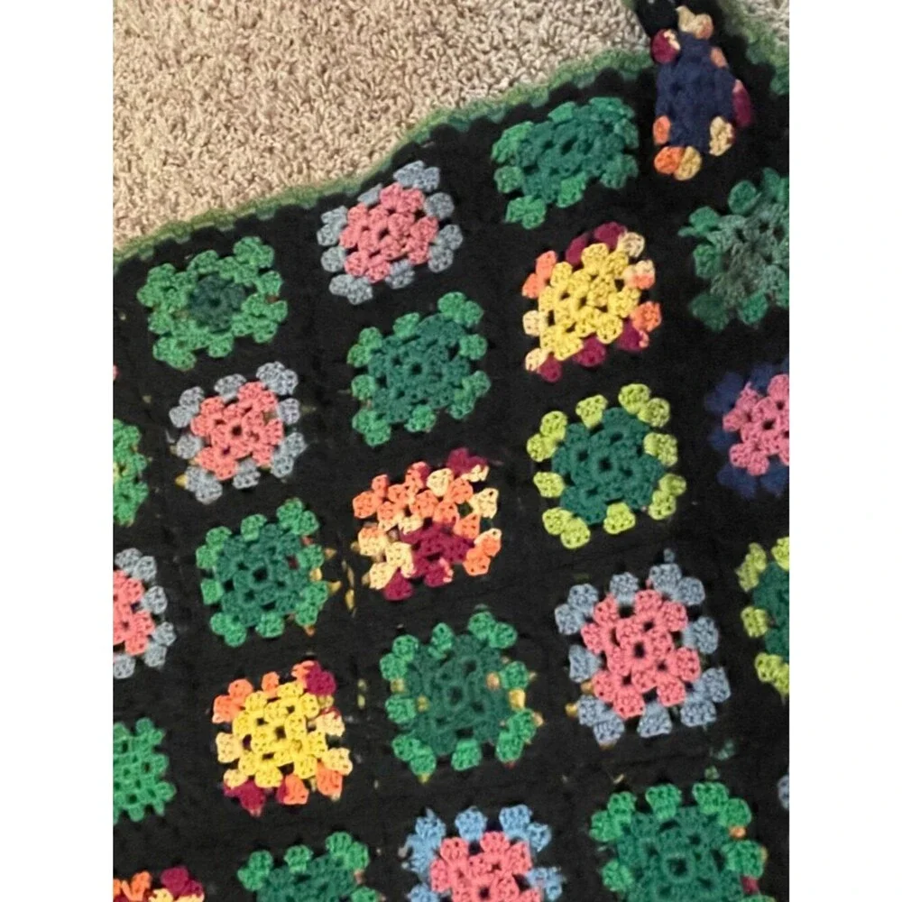 Handmade Crochet Granny Square Afghan Throw Blanket Black Multicolor Vintage